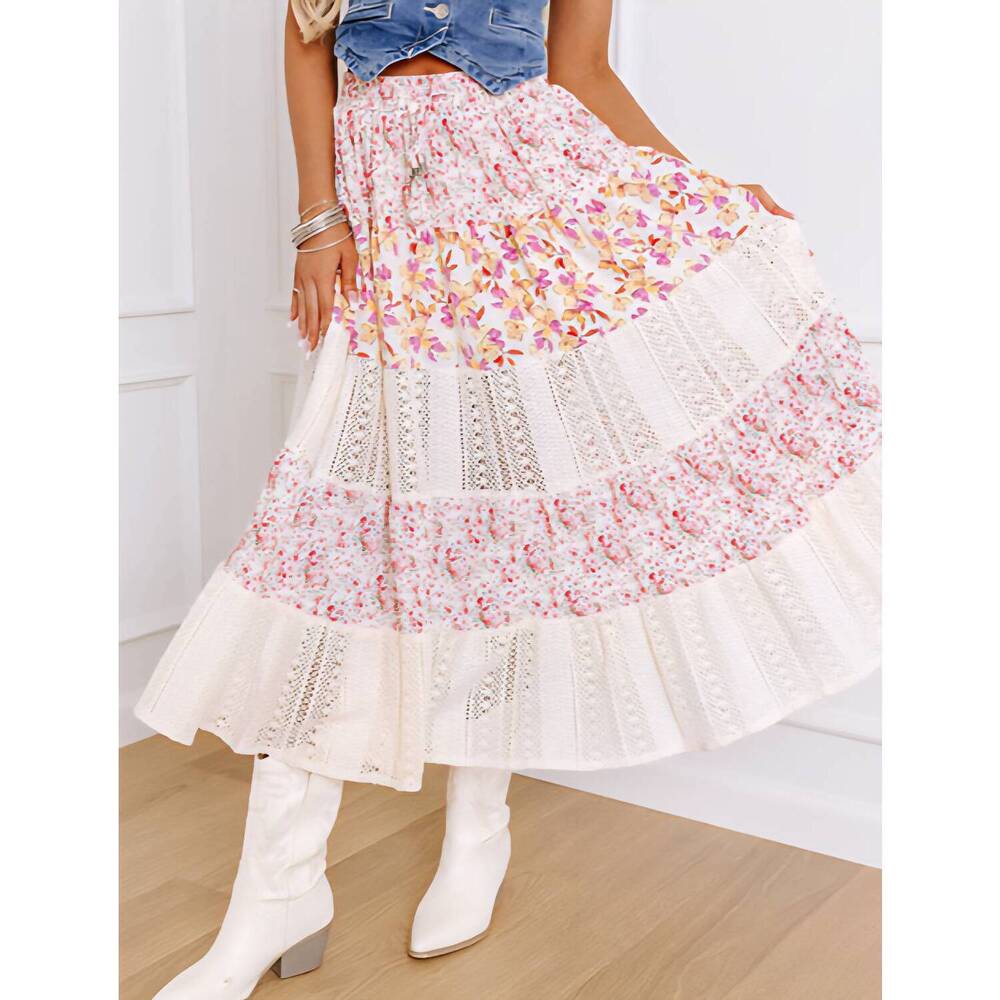 NEW POL floral fields high waisted midi skirt in floral/white